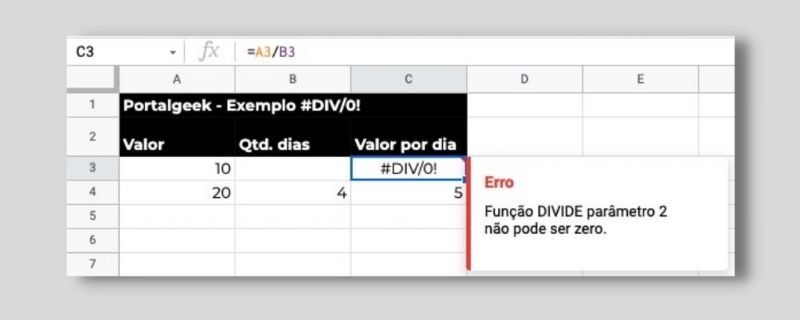Erro #DIV/0 no Google Planilhas